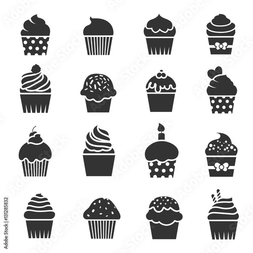Cupcake icons. Dessert baking black and white signs