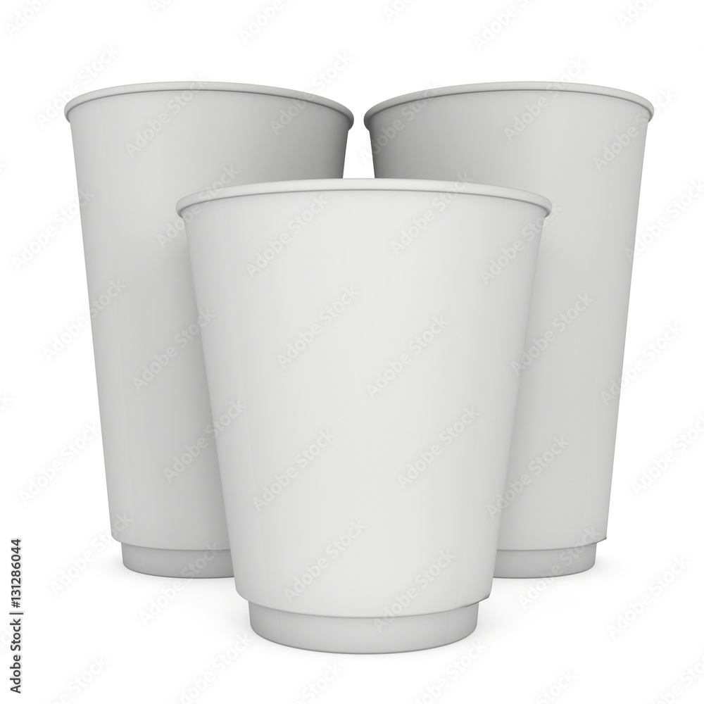 Disposable coffee cups. Blank paper mug. 3d render isolated on white background Disposable coffee cups. Blank paper mug. 3d render isolated on white background