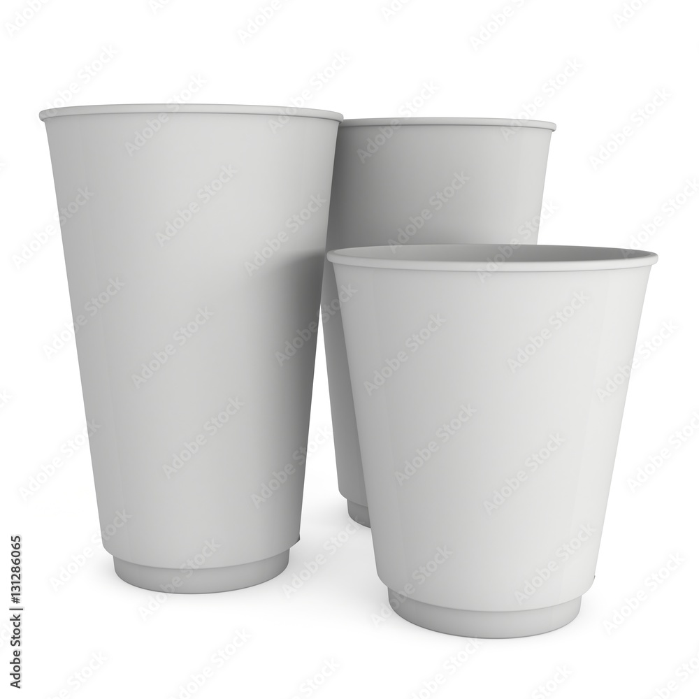Disposable coffee cups. Blank paper mug. 3d render isolated on white background Disposable coffee cups. Blank paper mug. 3d render isolated on white background