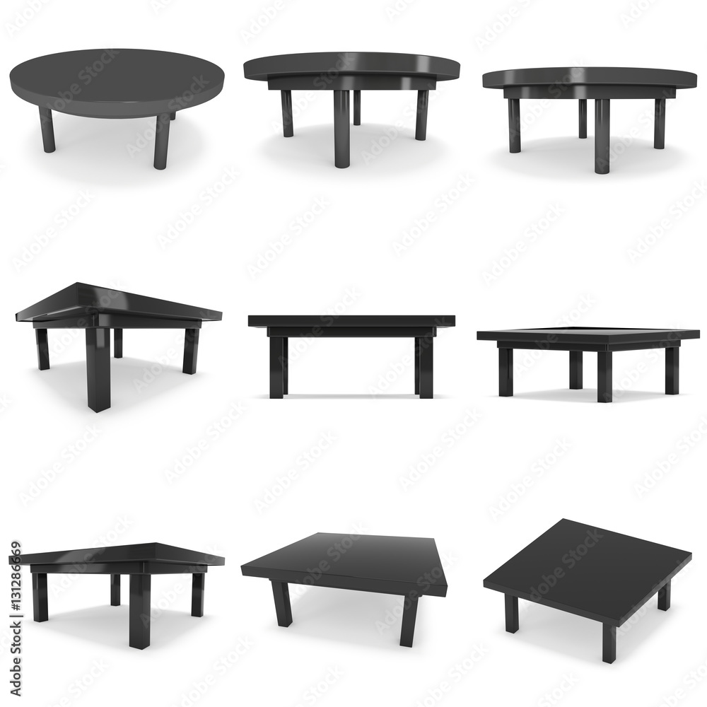 Black Table Set. 3D render isolated on white. Platform or Stand Illustration. Template for Object Presentation. Black Table Set. 3D render isolated on white. Platform or Stand Illustration. Template for Object Presentation.