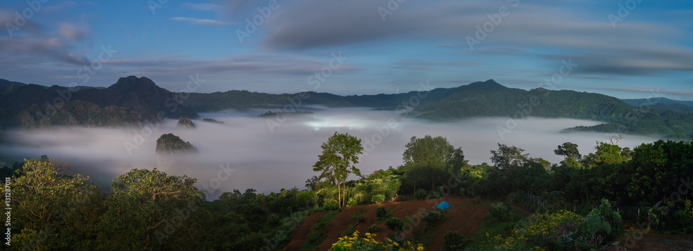 The Mist with Mountain Background in the night, Landscape at Phu
