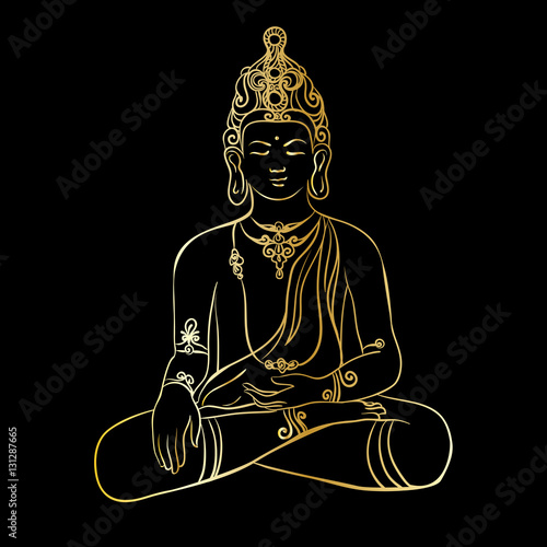 Drawing of a Buddha statue. Art vector illustration of Gautama - gold line art on a black background. Buddhism Religion