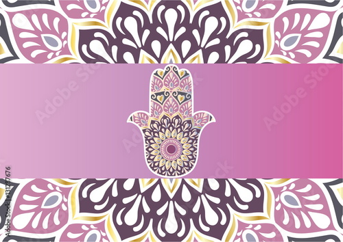 Drawing of card with firured hamsa and mandala on the background