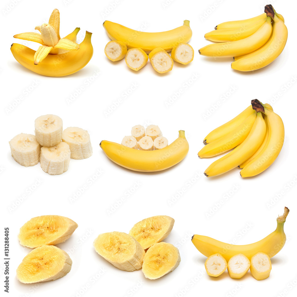 Collection of bananas isolated on white background. Flat lay, to Collection of bananas isolated on white background. Flat lay, to