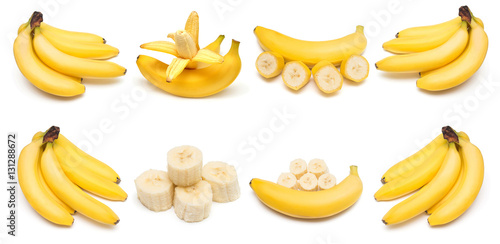 Collection of bananas isolated on white background. Flat lay, to