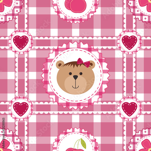 Seamless background with flowers, cherry and teddy bear girl. Vector pattern for cushion, pillow, bandanna, kerchief, shawl fabric print. Texture for clothes, bedclothes. Embroidery stylization