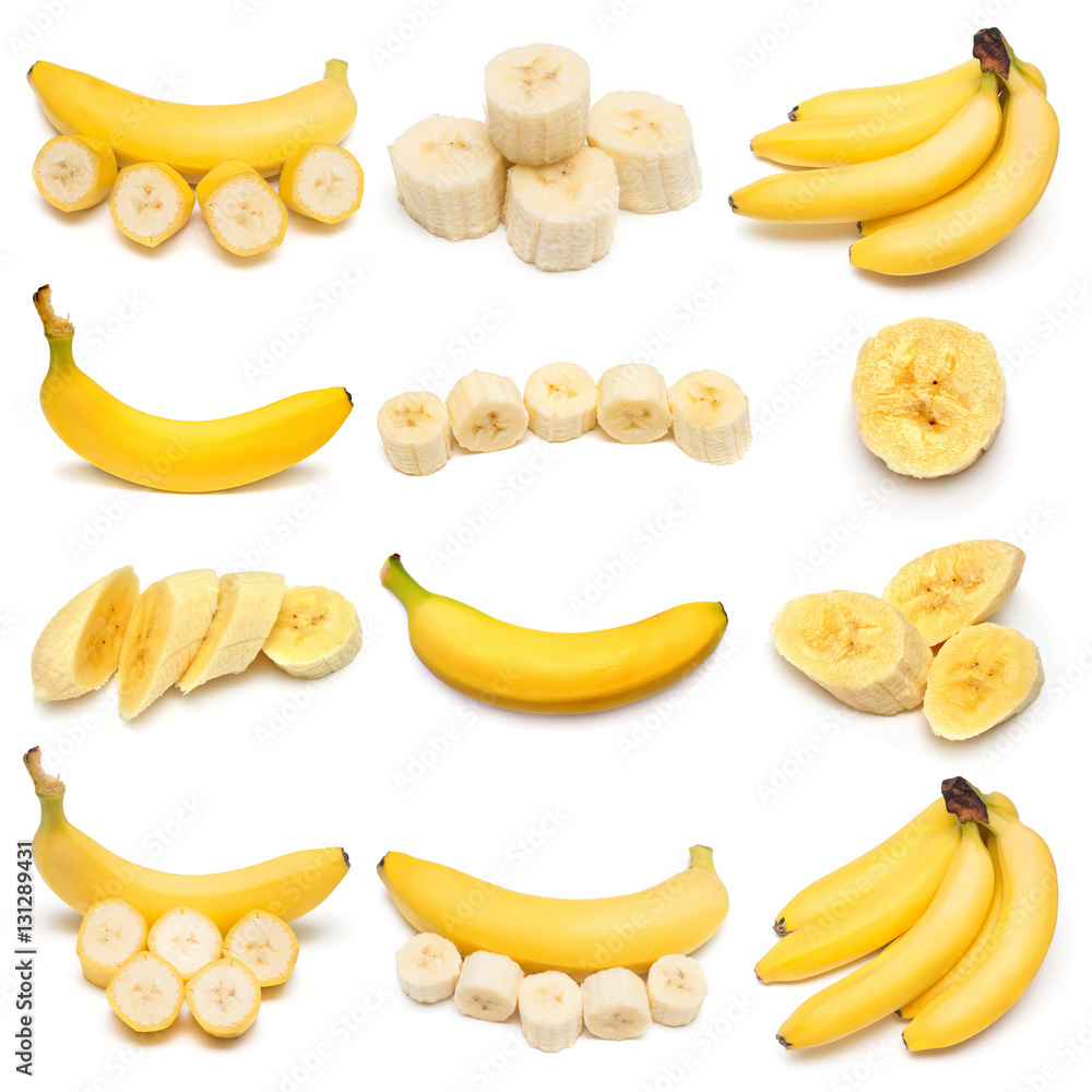 Collection of bananas isolated on white background. Flat lay, to Collection of bananas isolated on white background. Flat lay, to