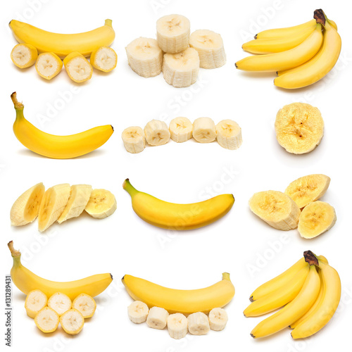 Collection of bananas isolated on white background. Flat lay, to