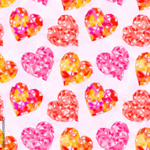 Valentine Holiday Background with Color Hearts, Low Poly Abstract Pattern, Colorful Polygonal Background. Vector