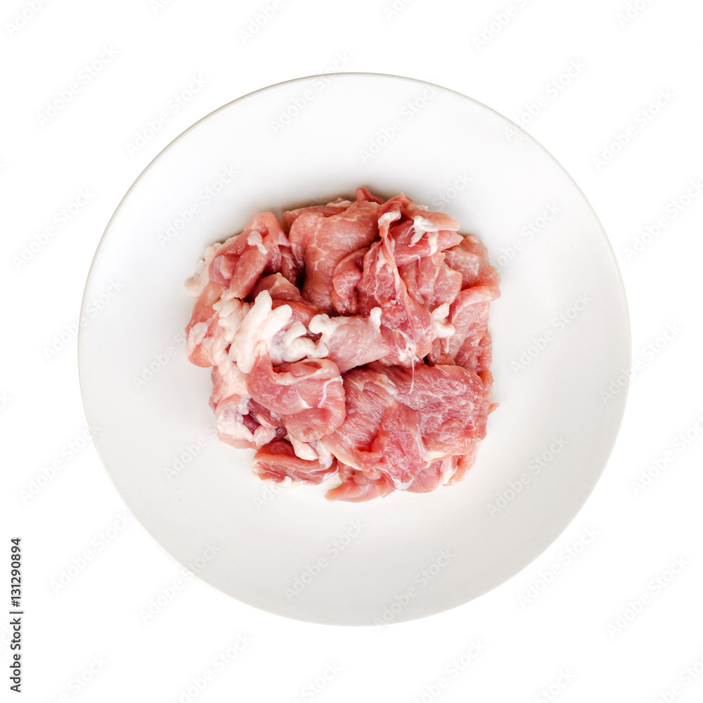 meat slices pork on dish isolated on white background meat slices pork on dish isolated on white background