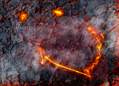Composition about a strange phenomenon of smiling Hawaiian Kilauea volcano, looking like eyes and smile seen from above its crater. Located in Big Island, Hawaii, United States.