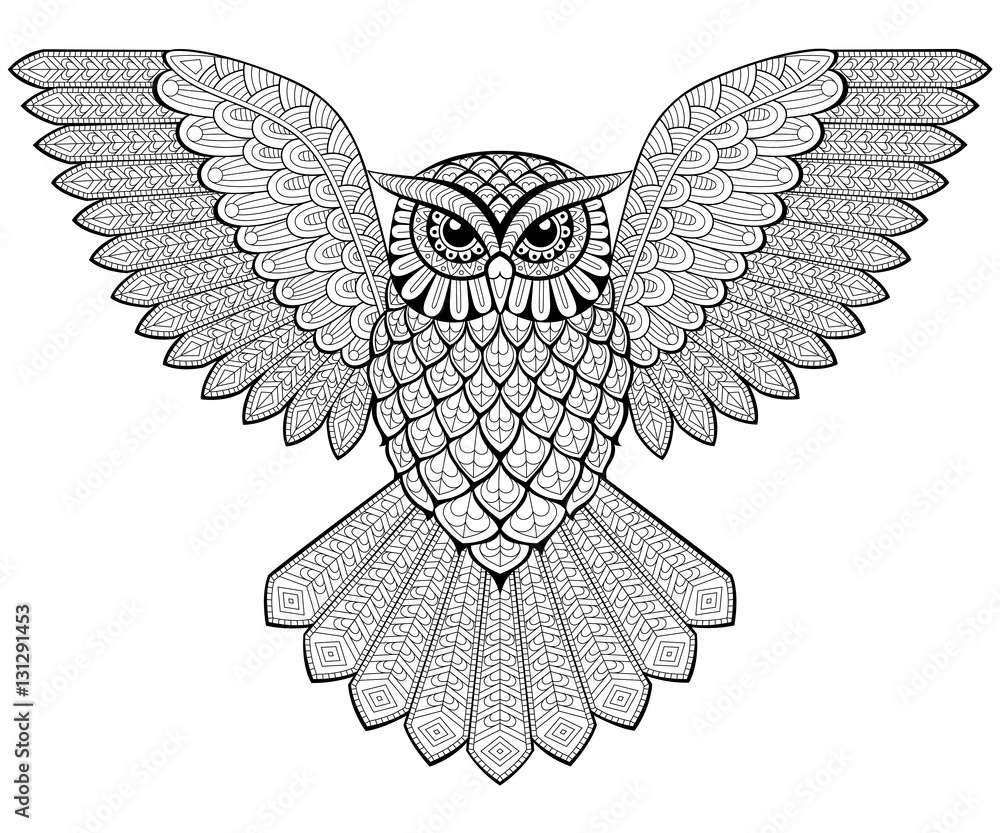 Naklejka premium Flying owl in zentangle style. Adult antistress coloring page. Black and white hand drawn doodle for coloring book