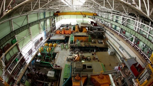 Atomic power station. Panorama of the machine room of a nuclear power plant. HD