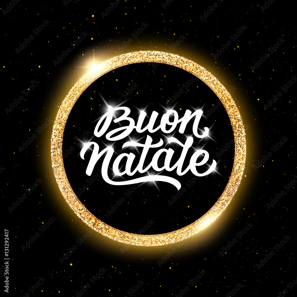 Merry Christmas greetings text in italian language in center of round