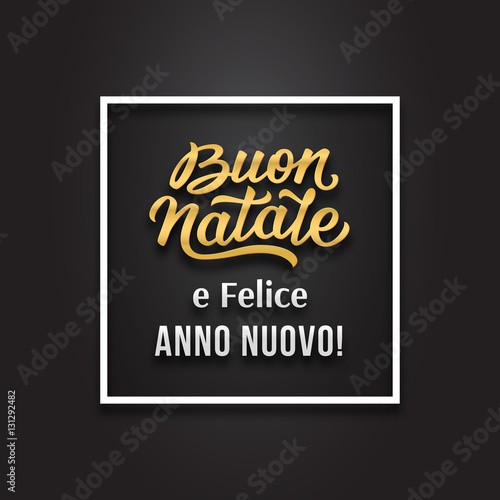 Merry Christmas and Happy New Year greetings text in italian language on black background. Premium vector illustration with typography for Xmas card design
