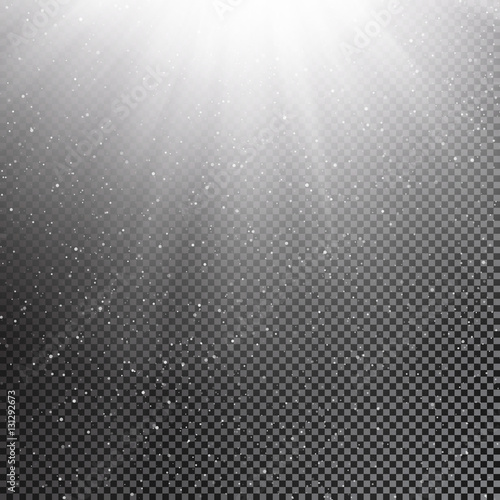 Snowfall and bright sun rays on transparent background. Vector light effect for Christmas graphics decoration