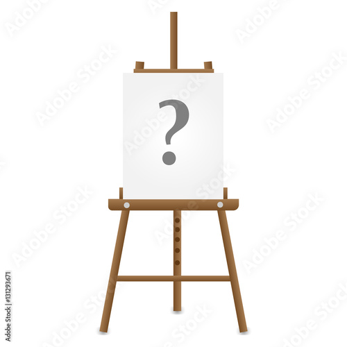 Wooden easel with question mark on white paper