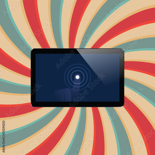 Digital tablet with shiny sensor screen with touch hand. Electronic smart device
