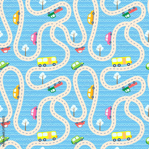 Vector seamless background with cartoon roads and cars. 