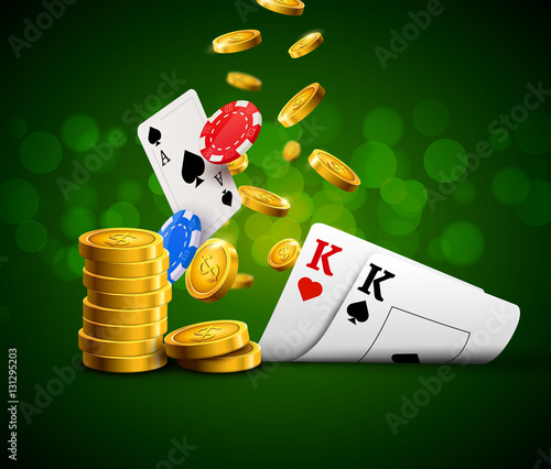 Poker chips casino green poster. Gamble cards and coins success winner royal casino background