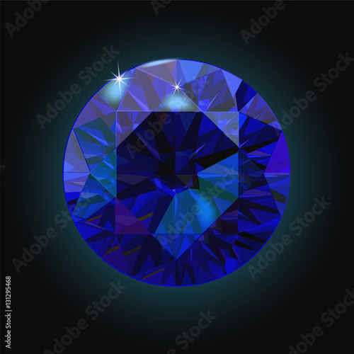 Sparkling sapphire on black background. Dark blue crystal. Vector
