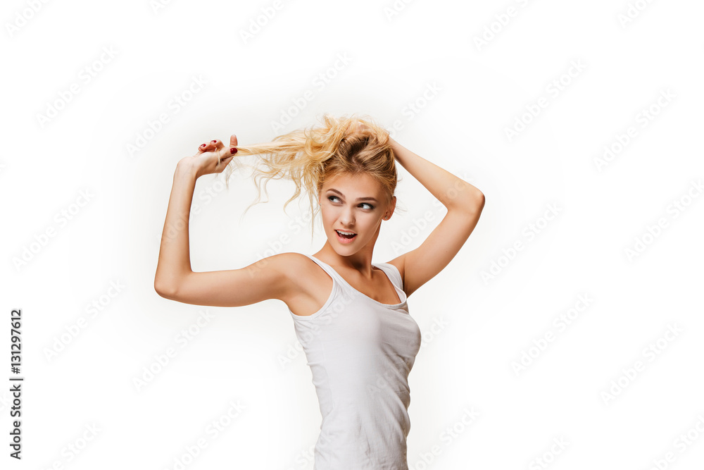 The young woman's portrait with happy emotions The young woman's portrait with happy emotions