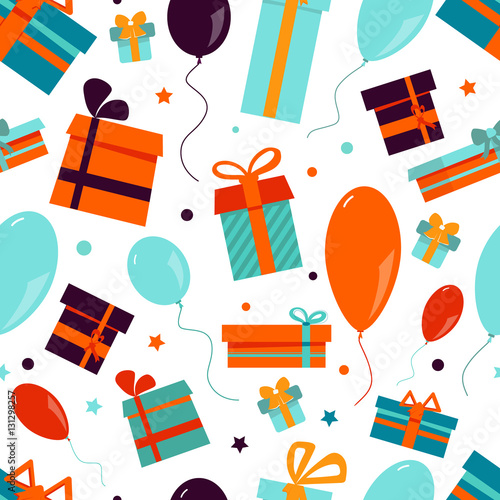 Happy Birthday seamless pattern background with colorful gift boxes and balloons. Vector illustration