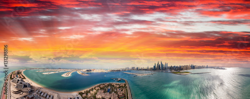 Photography Panoramic sunset aerial view of Palm Jumeirah and Dubai Marina -