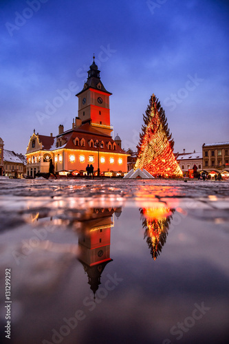 Brasov Transylvania Christmas Market and decorations.  Piata Sfatului Square.