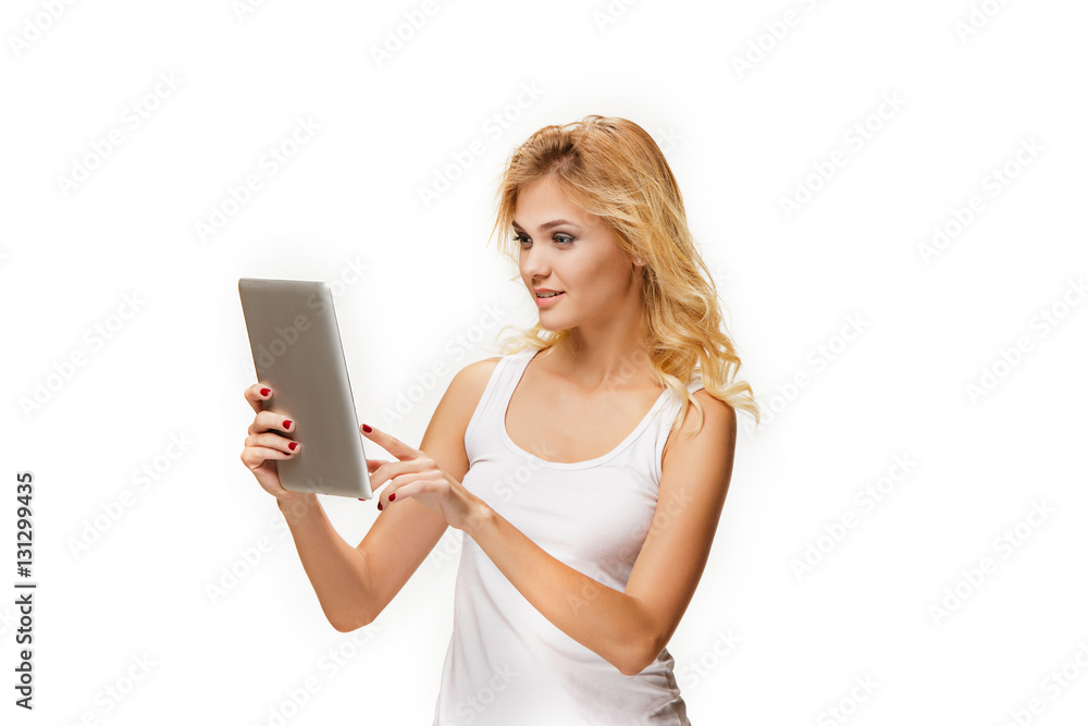 Portrait of beautiful smiling girl with modern laptop Portrait of beautiful smiling girl with modern laptop