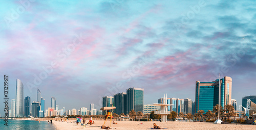 Abu Dhabi at sunset. View from the city beach