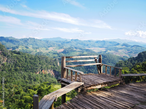 Wooden seat at viewpoint in Mae Hong Sorn province, Northen of Thailand photo