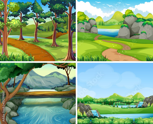 Four scenes with river and tree