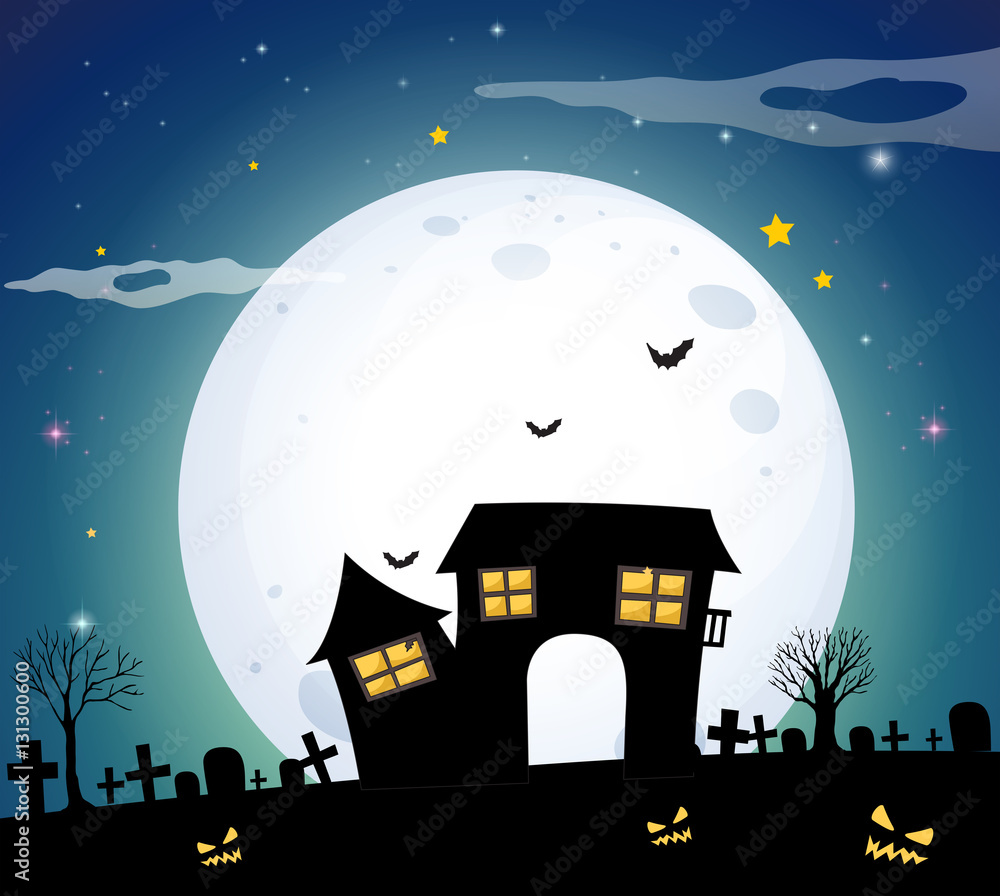 Haunted house in the field on fullmoon night