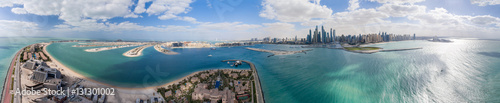Aerial panoramic view of Palm Jumeirah Island and Marina, Dubai