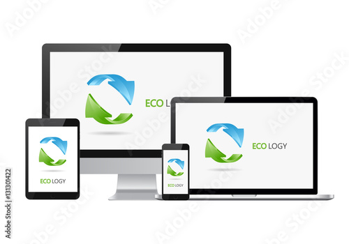 Set of realistic electronic devises with Eco recycling logotype. Set of computer monitor, laptop, smartphone and tablet.