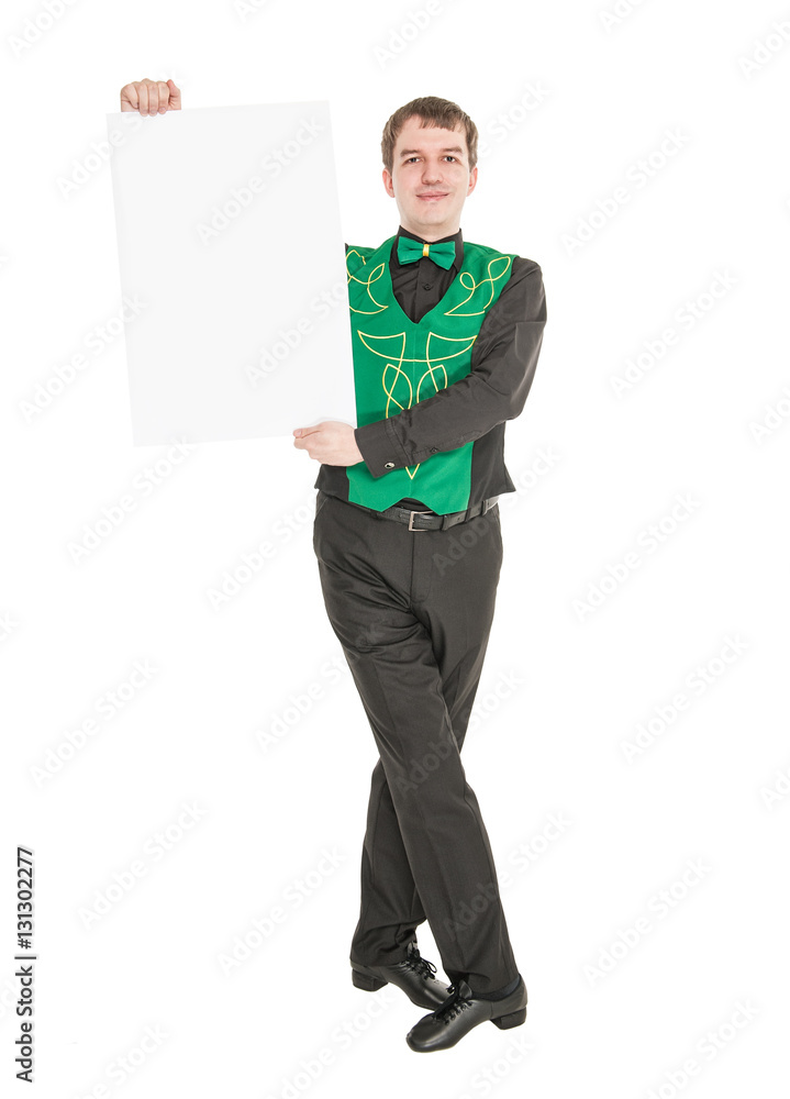 Young man in costume for irish dance with empty banner Young man in costume for irish dance with empty banner