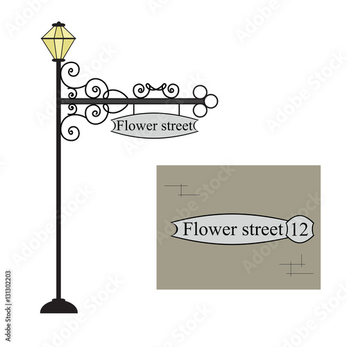 Forged metal pointer streets with a lantern. Forged metal signboard. Wrought iron vintage sign. Vector illustration.