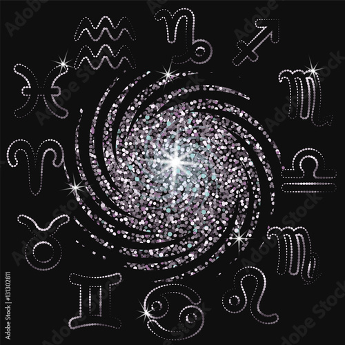In the dark sky constellation of the zodiac around the galaxy. Vector