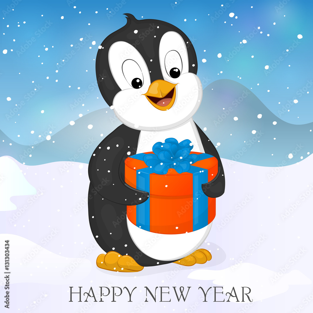 Naklejka premium Funny and cute penguin with Christmas Presente. Merry Christmas and Happy New year card. Christmas card in cartoon style. Vector illustration. NY Collection.