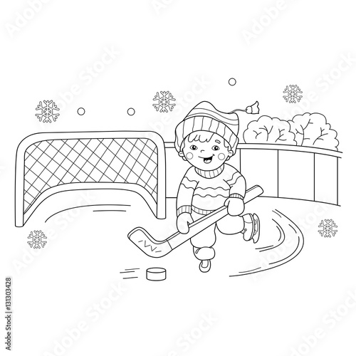 Coloring Page Outline Of cartoon boy playing hockey. Winter sports. Coloring book for kids