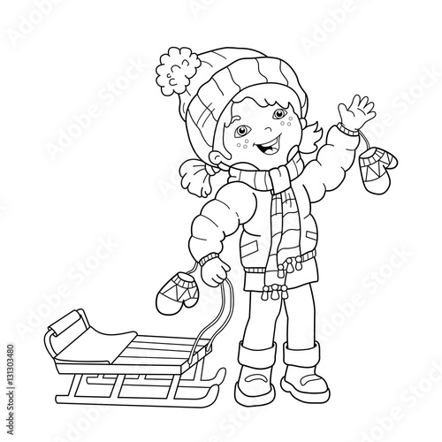 Coloring Page Outline Of cartoon girl with sled. Winter. Coloring book for kids
