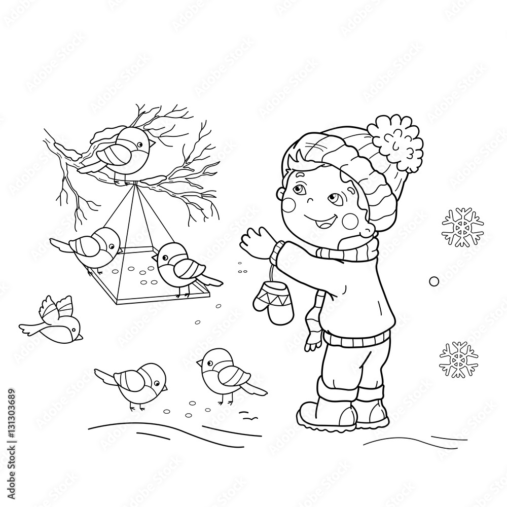 Coloring Page Outline Of cartoon boy feeding birds. Bird feeder ...