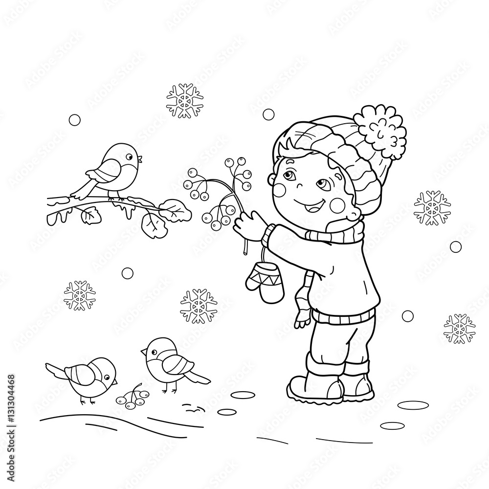 Coloring Page Outline Of cartoon boy feeding birds. Winter. Coloring ...