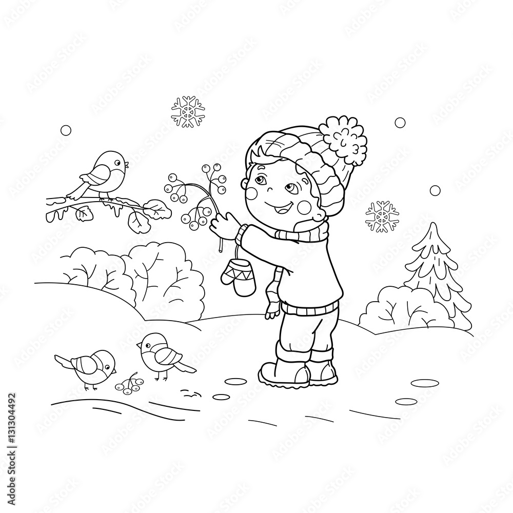 Coloring Page Outline Of cartoon boy feeding birds. Winter. Coloring