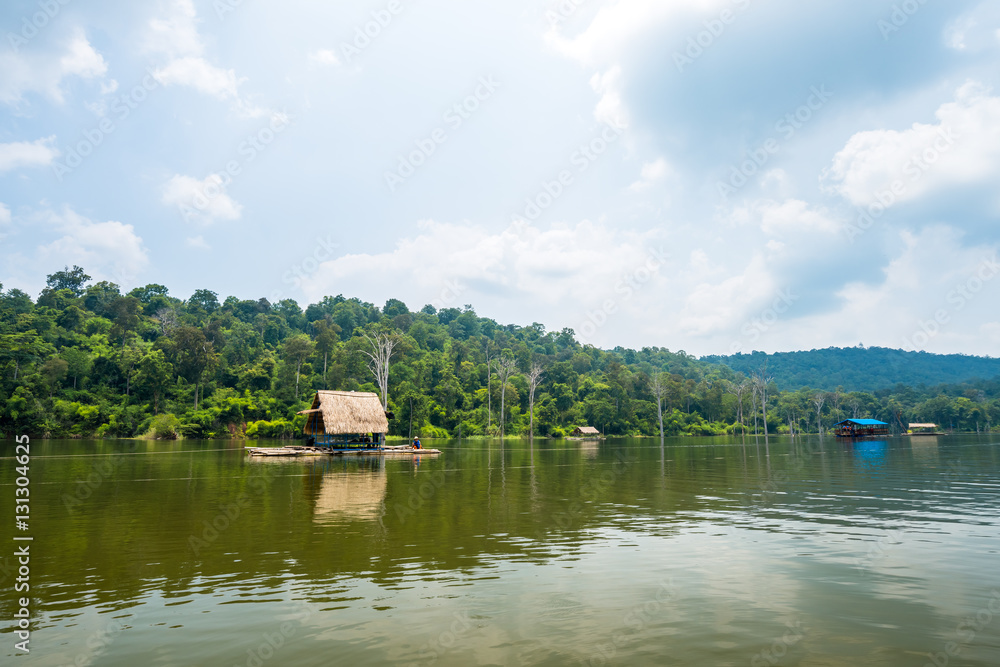 Bamboo raft, floating house in lake