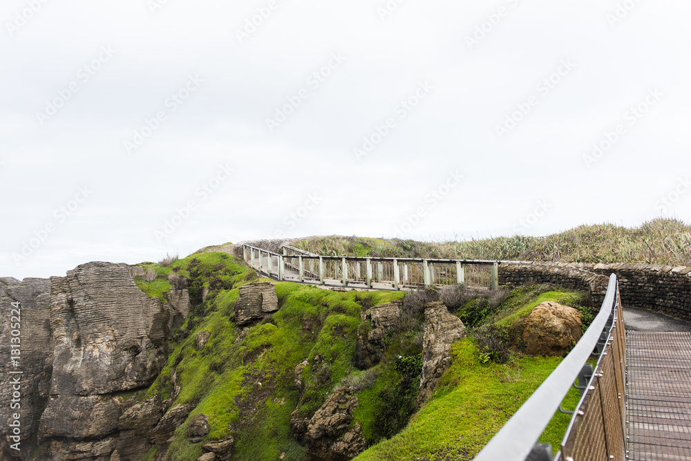 A bridge leading to the Pancake Rocks in Punakaiki, West Coast, South Island, New Zealand