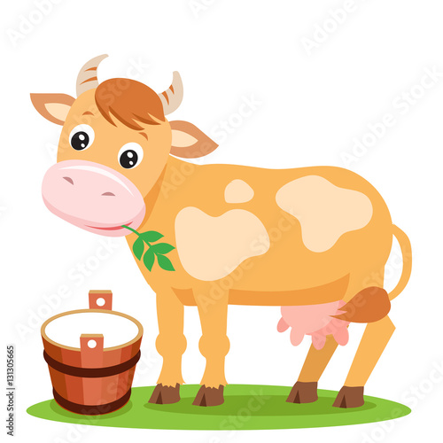 Cute Cow And Milk On A White Background. Farm Animal Character. Cut Isolated Vector. Farm Animal Toy. Farm Animal Supplies. Farm Animal Picture. Cow Smile.
