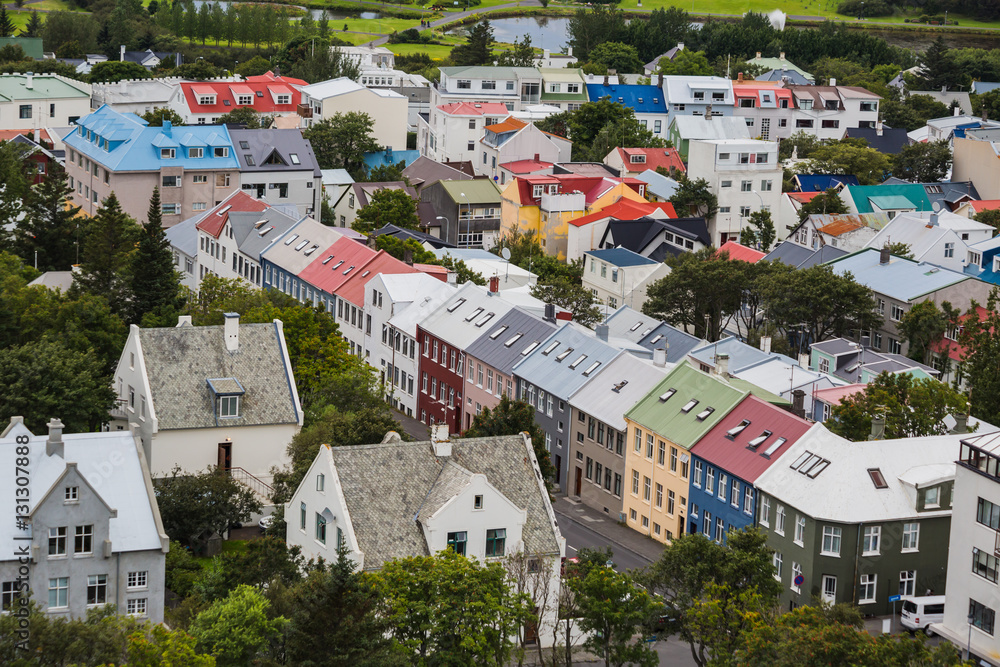 Fototapeta premium City of Reykjavik from the top - beautiful colored houses in a row