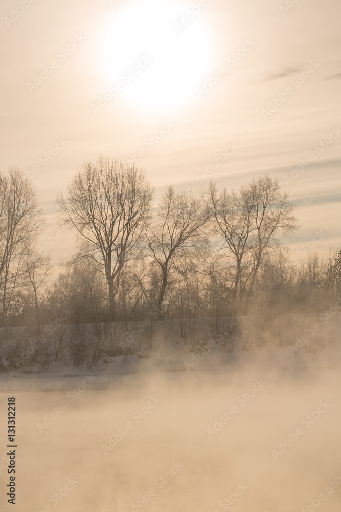 Winter frost haze landscape on the river